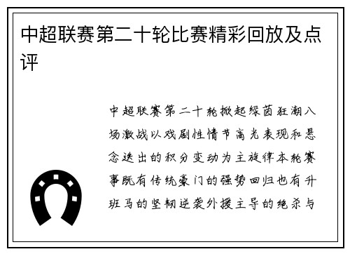 中超联赛第二十轮比赛精彩回放及点评