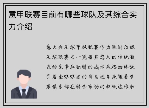 意甲联赛目前有哪些球队及其综合实力介绍